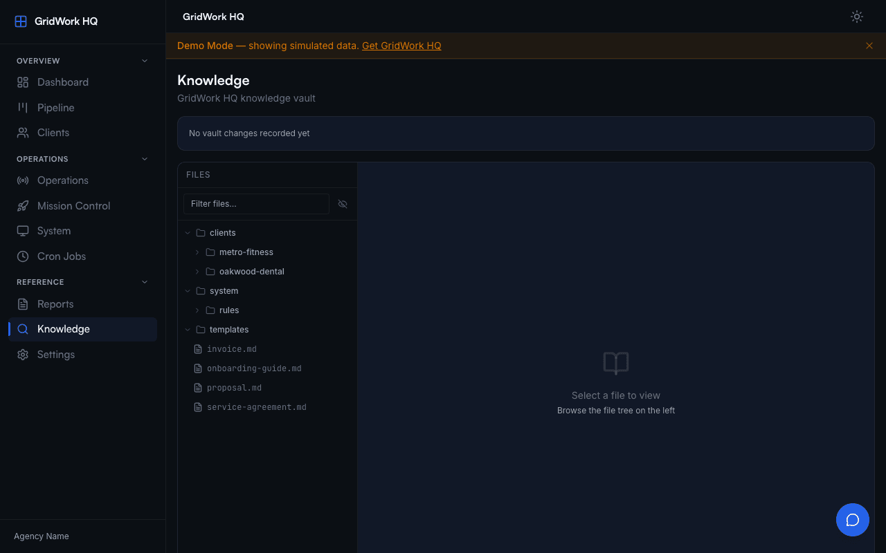 GridWork HQ knowledge vault with agency templates